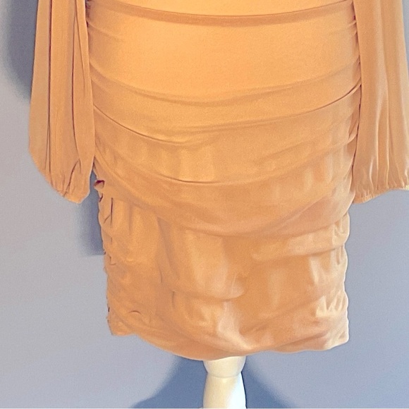 Fashion Sz Sm, Sheer Mesh, Nude, Ruched Long Sleeve Dress, Deep Square Neckline - Picture 14 of 16